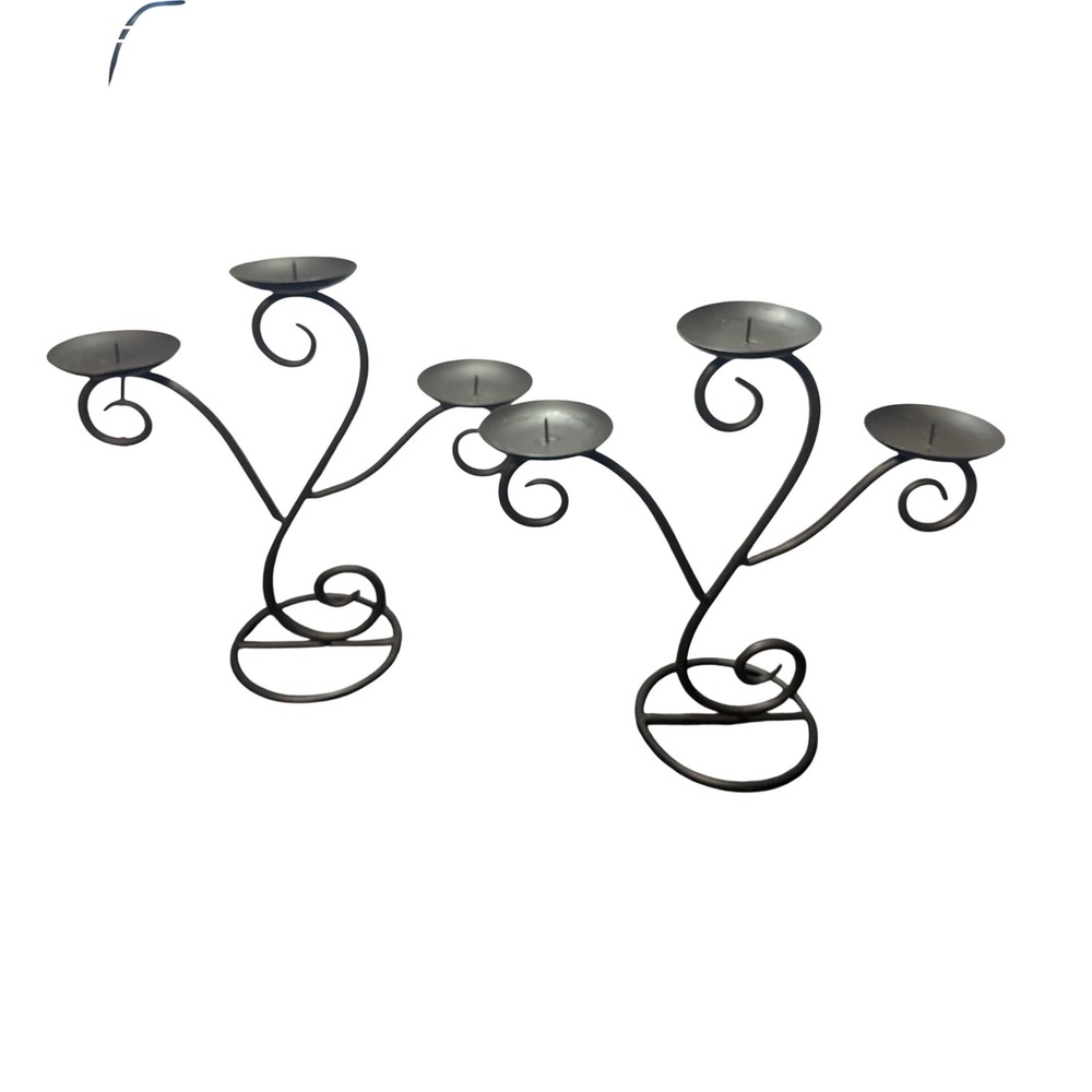 Pair of Wrought Iron 3-Light Candelabras Scrollwork Metal Candle Holders Black